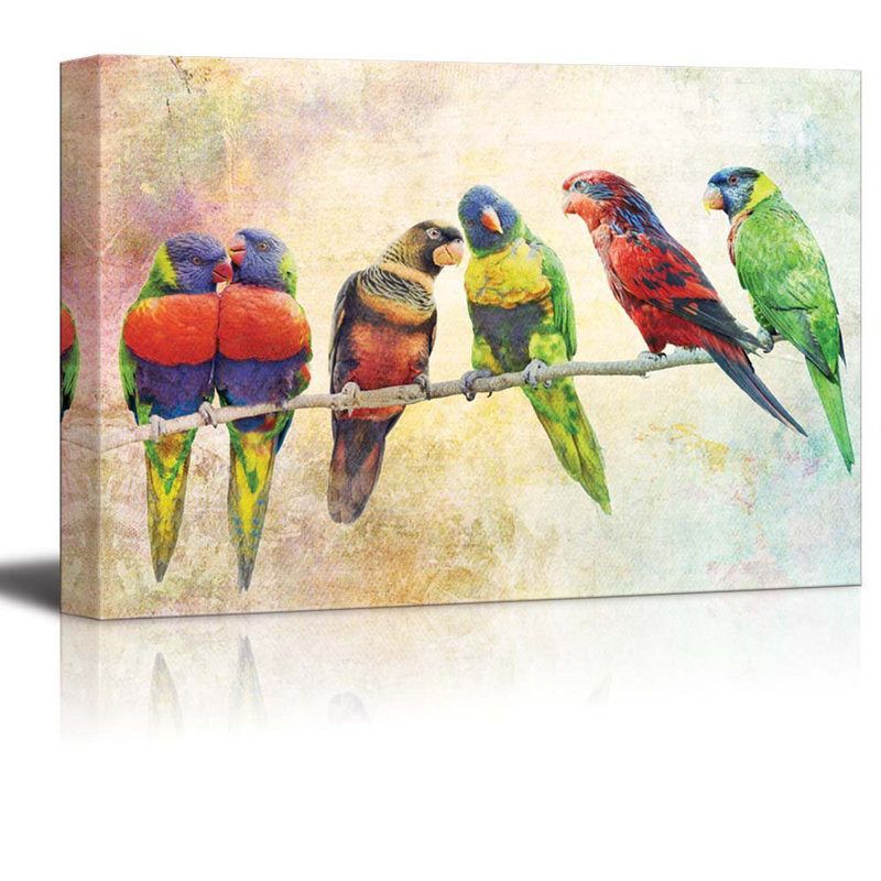 Oiseaux animaux, un groupe de perroquets reposant sur une branche sur toile, H 32 po x l 48 po x P 1,5 po