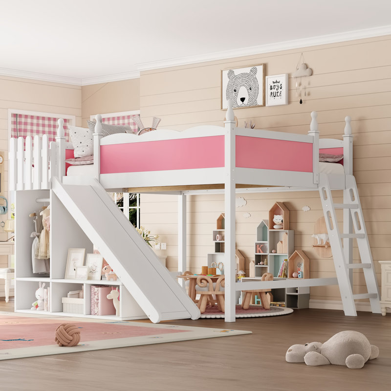 Full Loft Bed with Storage Shelves and Wardrobe, Solid Wood Loft Beds with Detachable Slide and Ladders, No Spring Box Needed, Pink and White