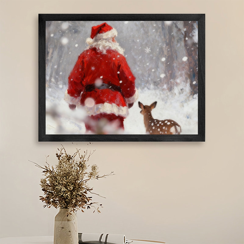 Art mural rétro noir encadré père Noël et renne dans la forêt d'hiver, H 25 po x l 37 po