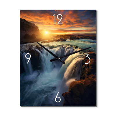 Summery Sunset Over Majestic Waterfalls I - Waterfall Very Wall Clocks