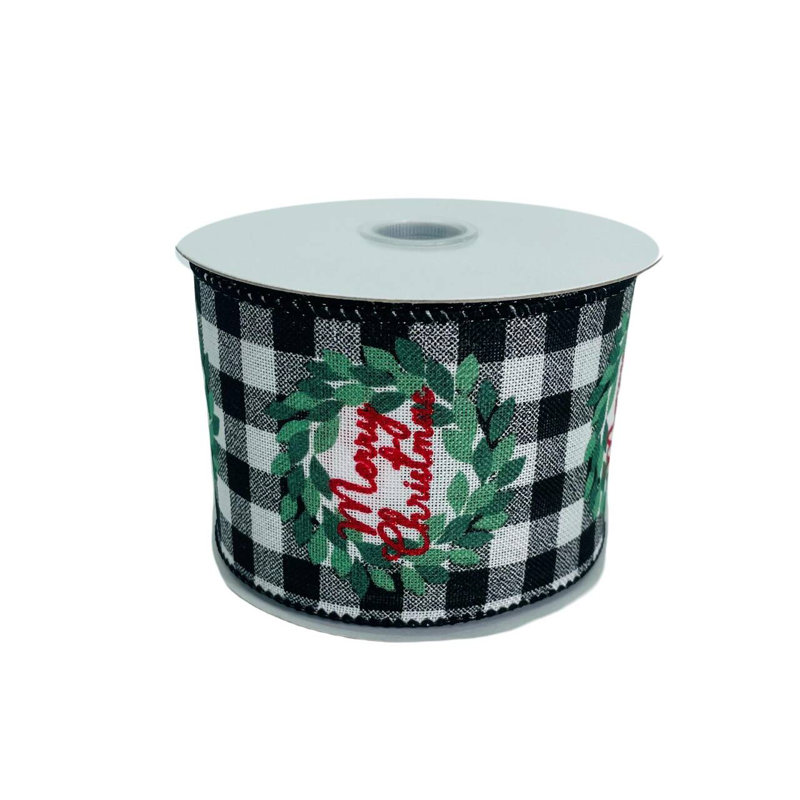 Ruban noir blanc à carreaux avec couronne de joyeux Noël 2,5 po x 10 po