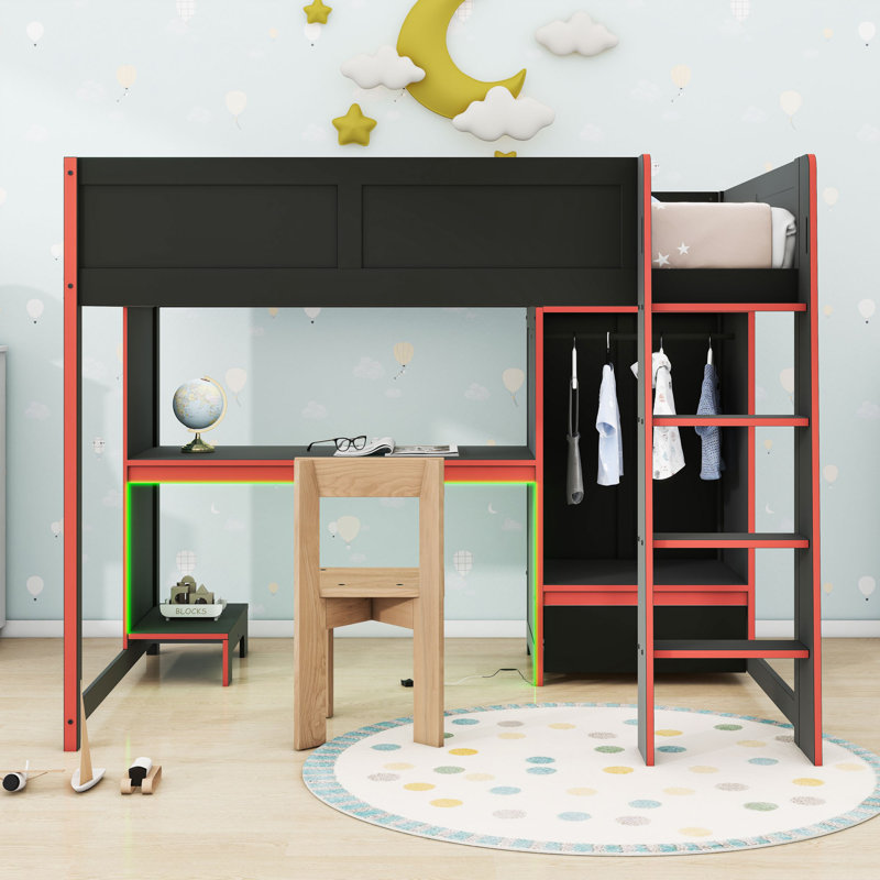 Lit mezzanine avec bureau, garde-robe, DEL et rangement Gaming, Double