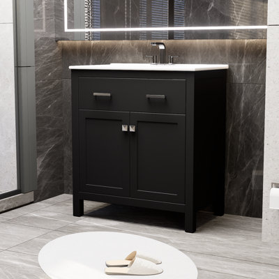 Meuble-lavabo noir de 30 po avec lavabo en céramique, armoire de salle de bain simple moderne avec 2 portes et une tablette