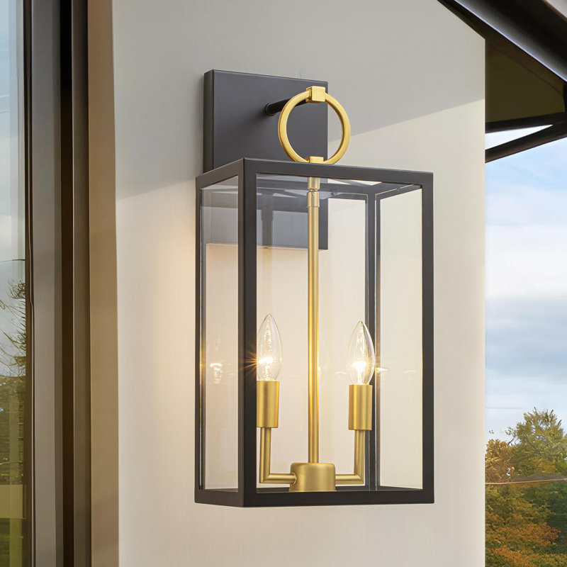 Applique murale lanterne 2 lumières avec verre transparent et finition en métal mélangé