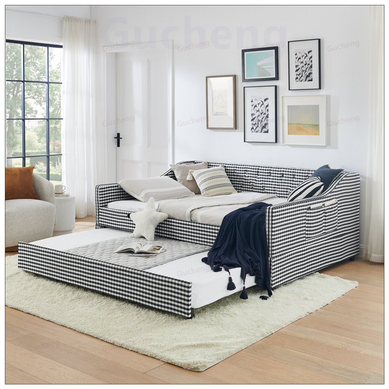 Lit de jour rembourré convertible avec dossier capitonné, canapé-lit polyvalent 3 en 1 avec lit gigogne escamotable et rangement latéral pour une vie compacte