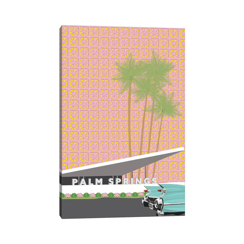 " Palm Springs With Convertible " by Jen Bucheli Painting Print, 26'' H x 18'' W x 1.5'' D