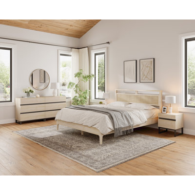 3-Piece Bedroom Set, Queen Bed Frame with Rattan Headboard, 6 Drawers Dresser & Set of 2 Nightstands