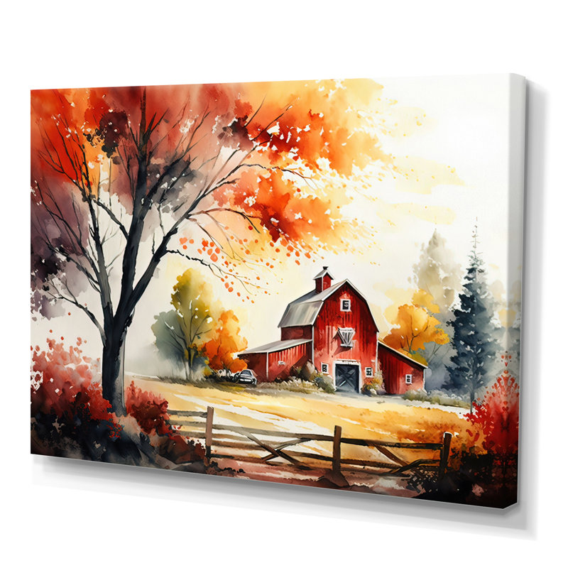 Calm Red Barn In Spring V - ferme / campagne, art mural sur toile, L 32 po x H 24 po