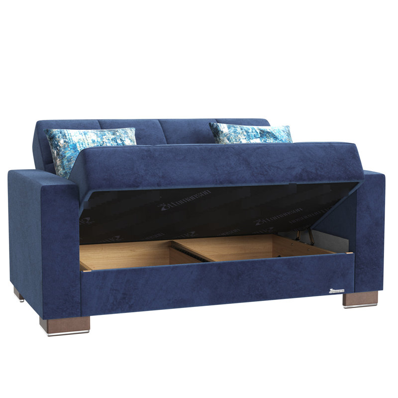 Microfibre bleue avec rangement intégré. Polyvalent et fonctionnel. Facile à assembler. Convient aux petits espaces. Qualité fabriquée en Turquie. Capacité de poids de 600 lb Coussins confortables. Nettoyage des taches recommandé