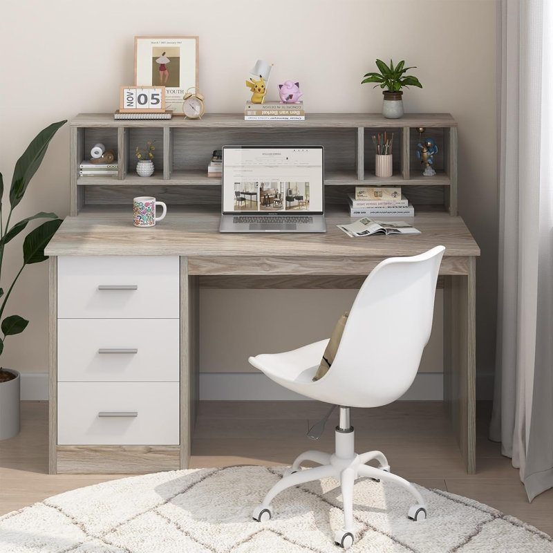 Bureau d'ordinateur avec huche, Gris / blanc