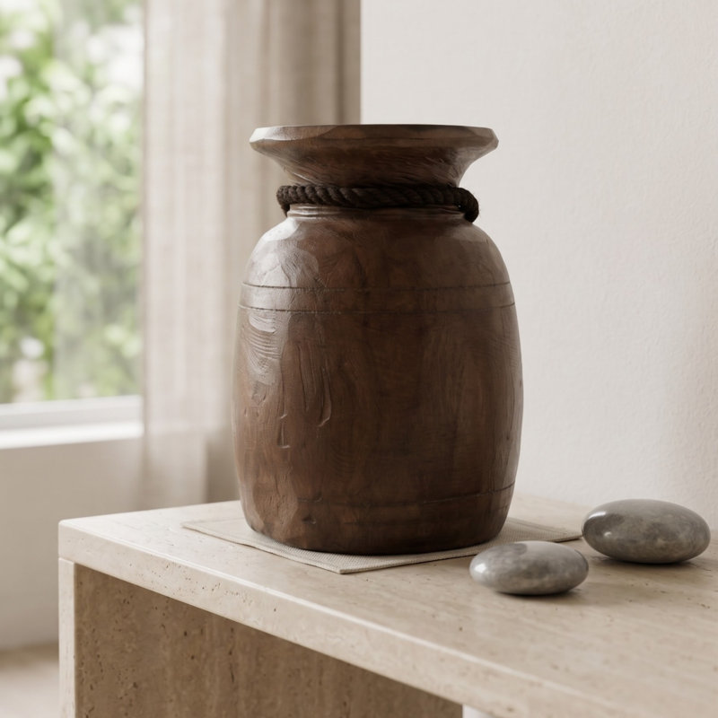 Vase en bois rustique avec corde décorative - pièce décorative de style antique