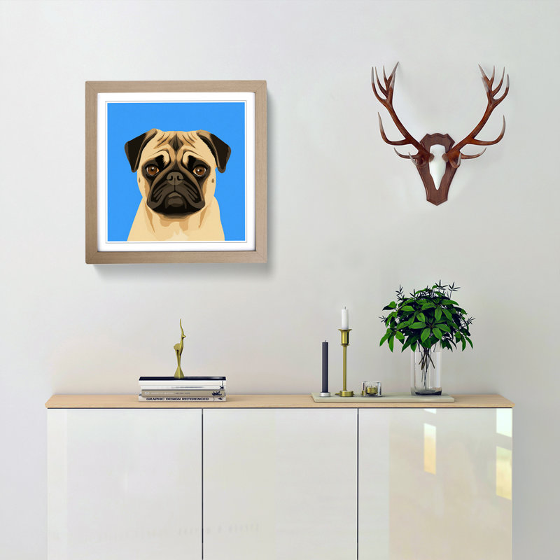 Pug Minimalism No. Copy - Framed Print, Multicolor Blue, Oak