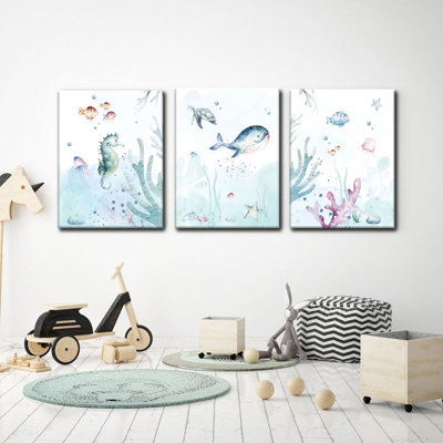 Ocean Nursery Canvas Wall Art,Nursery Wall Decor,Kids Bathroom Decor,Under The Sea Picture,Boys Room Sea Animal Prints Set Of 3,Bedroom 16X24in Framed