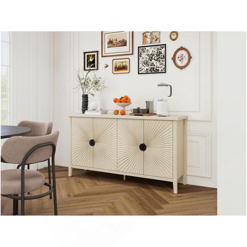 Buffet à 4 portes, buffet sculpté avec rangement, armoire à café moderne avec tablette réglable pour le salon, la salle à manger et la cuisine