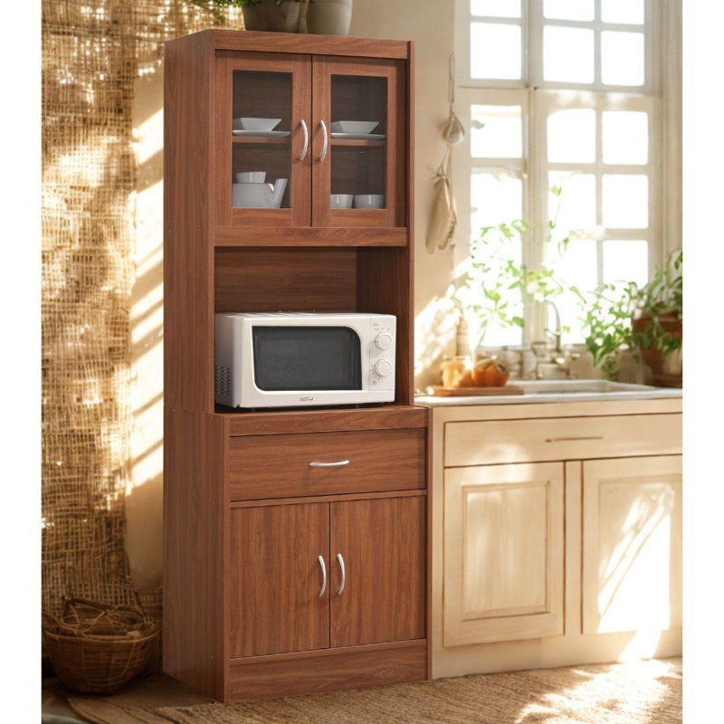 Kitchen Cabinet 22.7 inch Wide Freestanding China Display Hutch with Storage, Microwave Shelf and Utensil Drawer,, Cherry