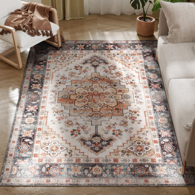 Area Rug 4x6, Non-Slip Machine Washable Rug, Boho Print Pattern Medallion Carpet for Living Room, Bedroom, Dining Room, Tawny Brown