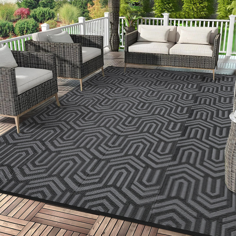 Tapis imperméable et réversible pour terrasse pour camping-car, Black, Rectangle 9' x 12'