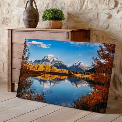 Canvas A Breathtaking Autumn Landscape Featuring Majestic Snow Capped Mountains Reflected Wall Art In A Serene Lake Surrounded By Canvas Wall Art
