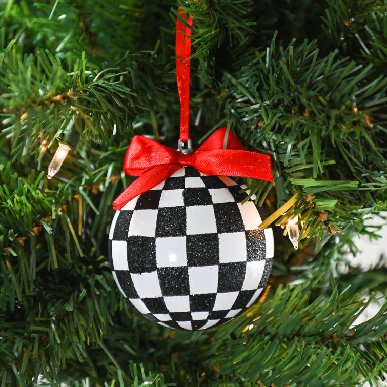 6pcs Christmas Plaid Ball Ornaments - 3 Inch Black & Red Buffalo Plaid  Fabric Ball Ornaments With Pine Cones And Greenery