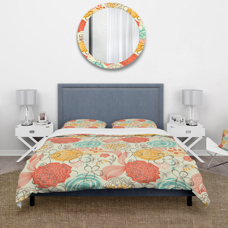 Orange And Blue Retro Flowers - Mid-Century Modern Duvet Cover Set - Microfiber Polyester, Twin Duvet Cover + 1 Standard Sham