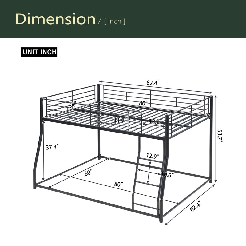 Metal Floor Bunk Bed, Full XL Over Queen