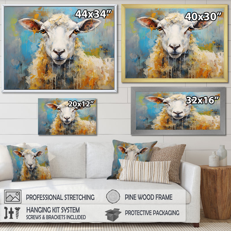 Encaustique bleu et mouton beige - imprimé, Cadre flottant doré, H 12 po x l 20 po x P 1 po