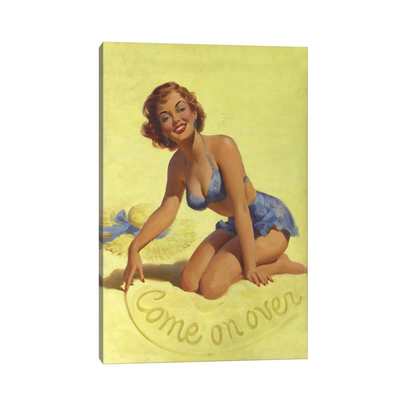 Come On Over Beach Pinup Girl Vintage Poster by Art Frahm - Wrapped Canvas Gallery-Wrapped Canvas Giclée