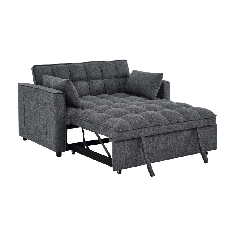 Lit convertible à 2 places, gris avec lit escamotable dissimulé, dossier pliable et poches latérales pour magazines, petite chambre d'amis convenant à un espace de vie compact