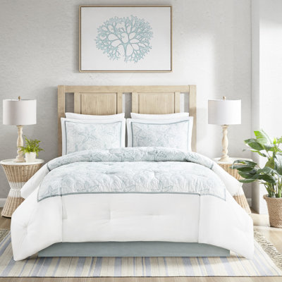 Édredon blanc pour lit double - jupe de lit en coton avec broderie Dollar de sable et 2 taies décoratives incluses