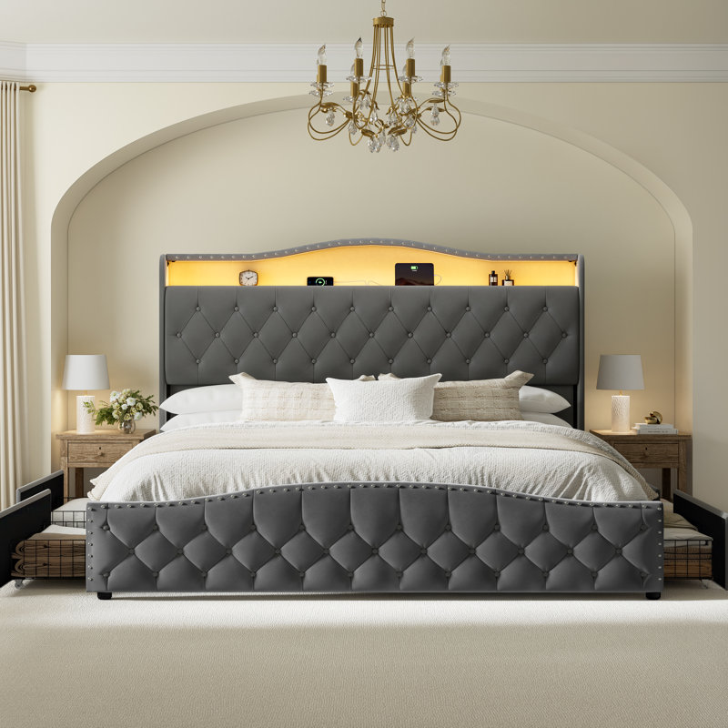 Upholstered King Bed Frame with 4 Storage Drawers and 52.5" Tall Headboard, Platform Bed with Charging Station & LED Light, No Spring Box Needed