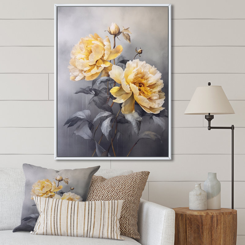 " Yellow Gray Peony Serenity ", 40" H x 30" W x 1.5" D, White Floater Framed