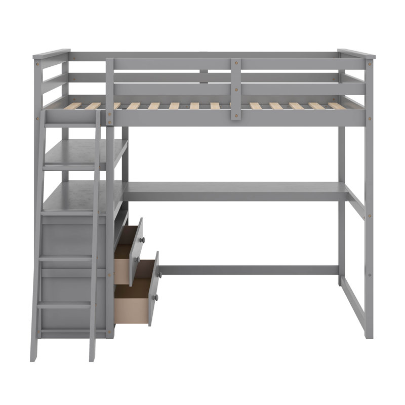 Lit mezzanine simple avec bureau et tablettes, Gris