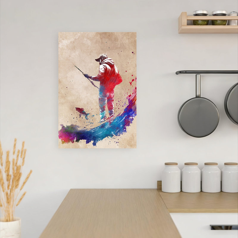 «Vibrant Fishing Splash», art mural contemporain, 18" H x 12" W