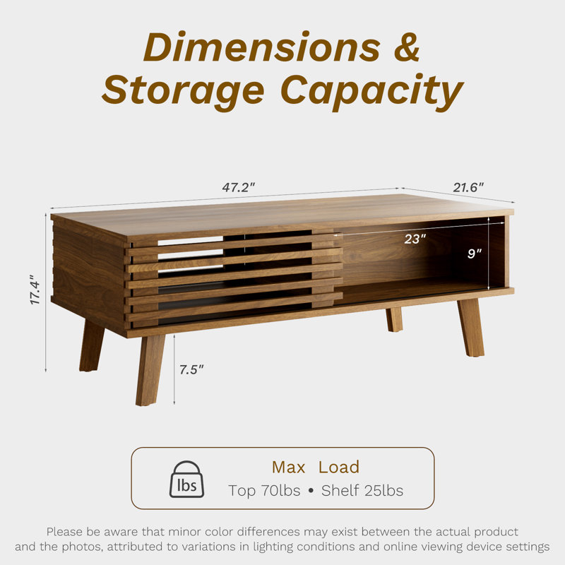 Enely Coffee Table with Storage, Mid Century Modern Coffee Table with slatted Door, Walnut