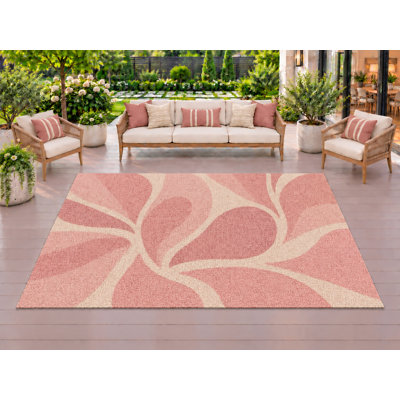 Tapis d'extérieur 5' x 7' à motif de feuilles roses, épais, solide et imperméable, en PVC bouclé, tapis de patio résistant, tapis d'intérieur/extérieur à séchage rapide pour porche, terrasse, balcon, entrée, camping-car.