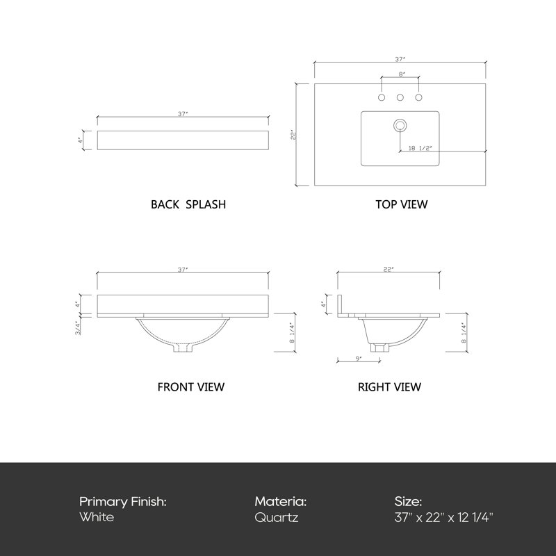 Bianco Bella 37" White Quartz Undermount Single Sink Vanity Top