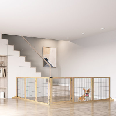170" Wooden Dog Gate. Freestanding Foldable 6 Pet Barrier. Support Feet To Tipping. For Doorway, Stairs. Natural Wood. Small Medium Sized Canines For Security. & Dogs