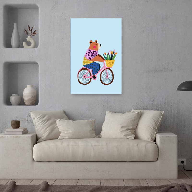 Happy Bear Bike Ride Colorful Playful Whimsical Bear Flower Spring Wall Art Print by Mathieu - Wrapped Canvas Print