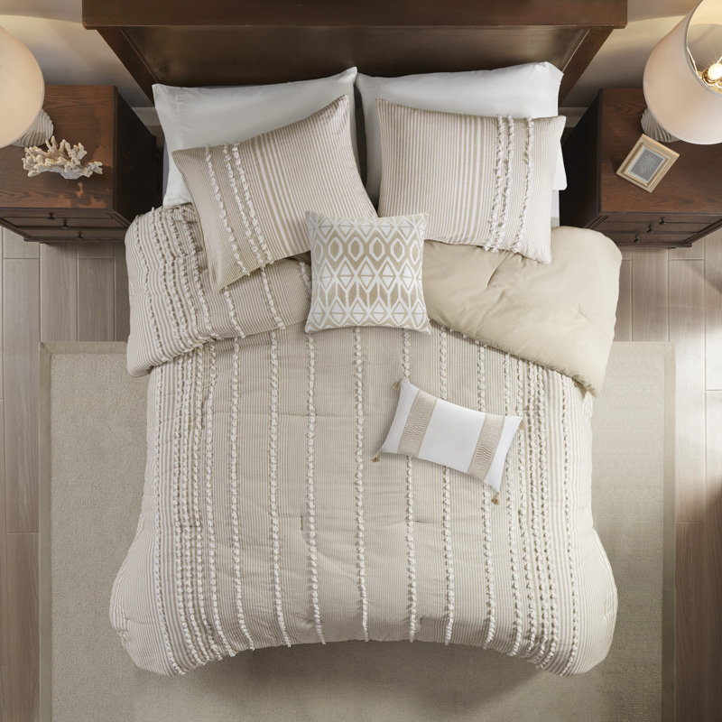 Ensemble d'édredon en fil de coton 3 pièces Anslee, Édredon pour très grand lit + 2 taies décorativ, Beige