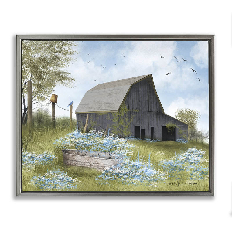 "Blue Floral Country Garden", art mural sur toile flottante par Billy Jacobs, H 25 po x l 31 po, Cadre flottant gris lustré