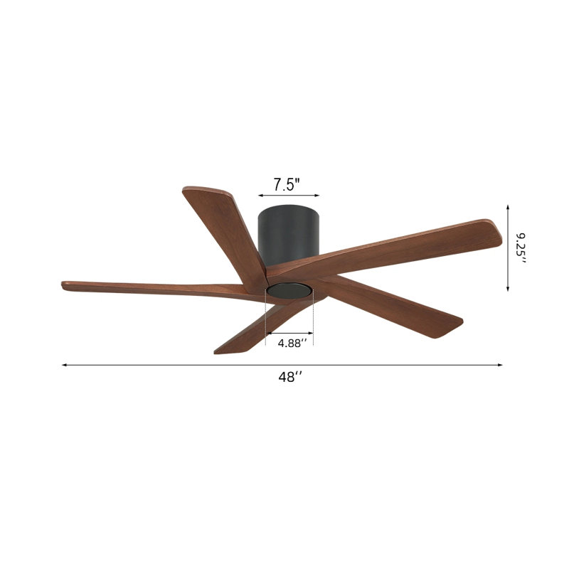 5 Solid Wood Blades Indoor Flush Mount Ceiling Fan With Remote, Black, Walnut, 48'' Wide