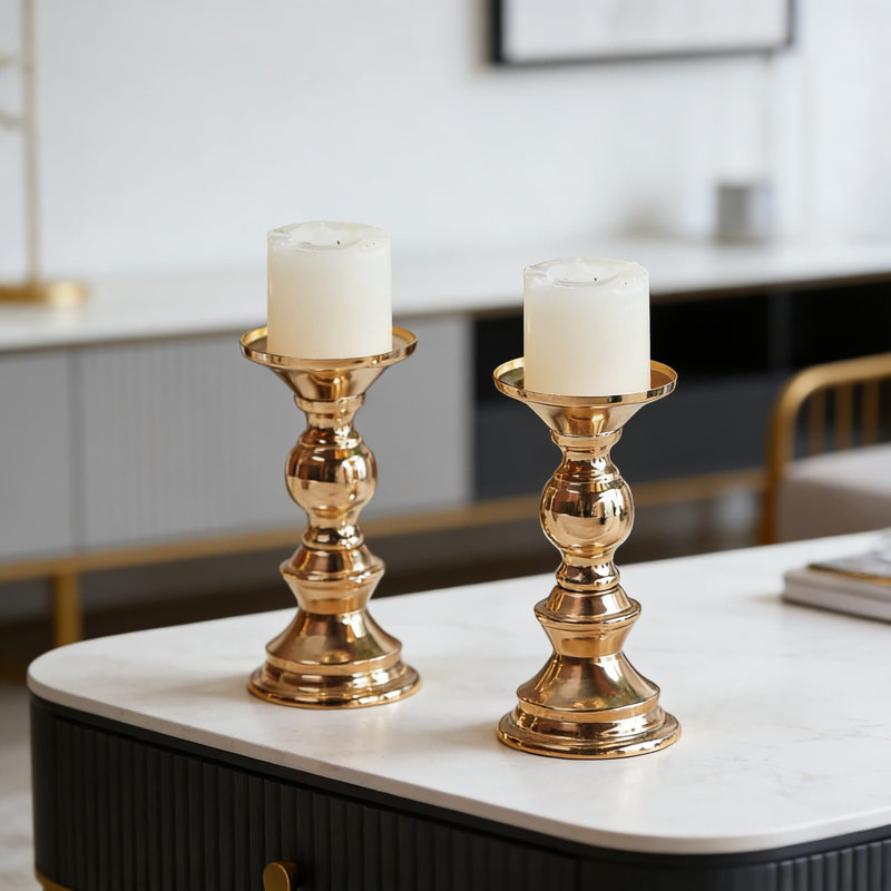 Elegant Metal Pillar Candle Holders Set Of 2, Decorative Centerpiece Stands For Weddings, Events, And Home Decor, Gold