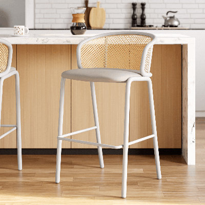 Daishun Wicker Bar Stool with Fabric Seat and Powder Coated Steel Frame