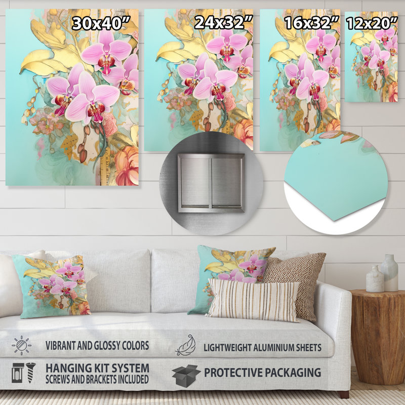 Orchidées roses, délicatesse dorée, bleu rétro - orchidée murale, salon, Sans cadre, métal, H 40 po x l 30 po
