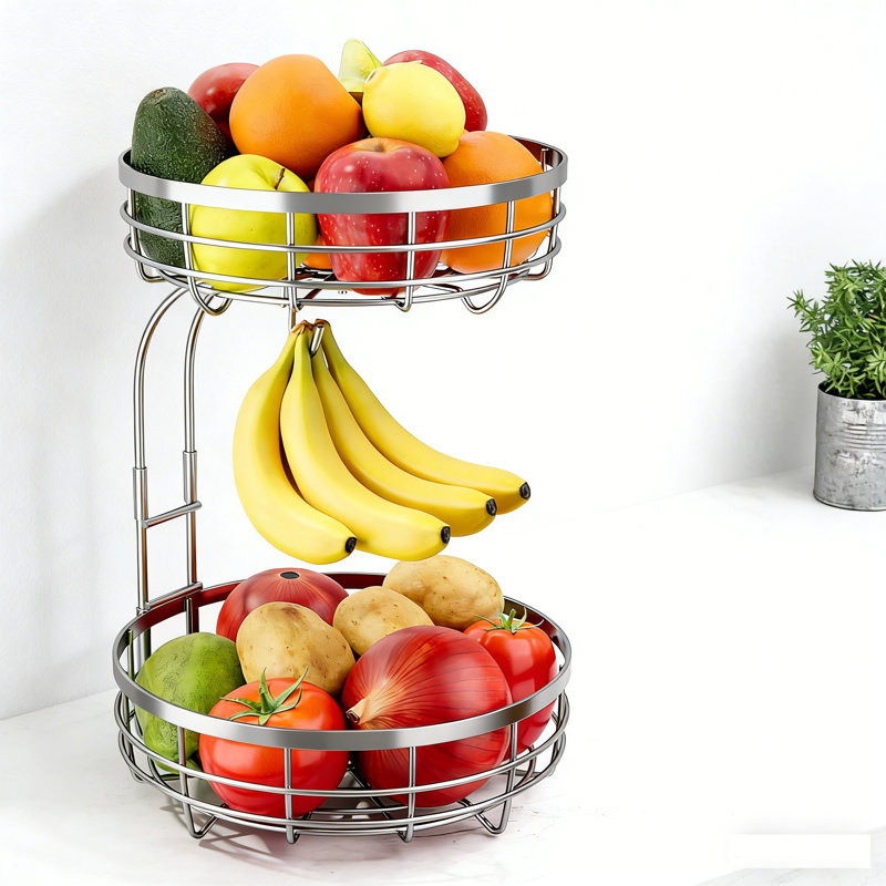 Panier à fruits à 2 niveaux en métal avec support à banane amovible, rangement pour comptoir de cuisine résistant à la rouille