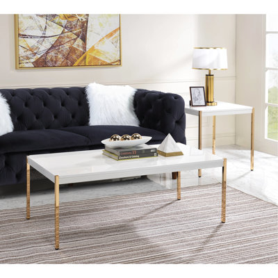 Table basse blanche et dorée, pieds en bois en métal, design minimaliste, plateau de table épais de 53 mm, bois composite et métal, 24 po Profondeur, 48 largeur, 18 hauteur, 30 lb. Table de poids avec plateau, lb