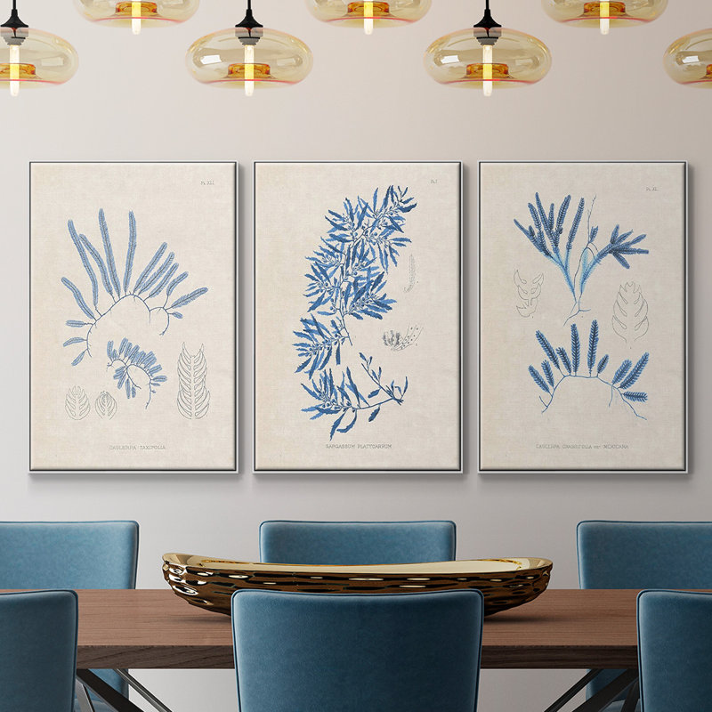 Blue Marine Algae I - Ensemble de 3 reproductions encadrées sur toile, H 36 po x l 72 po x P 2 po, Cadre blanc