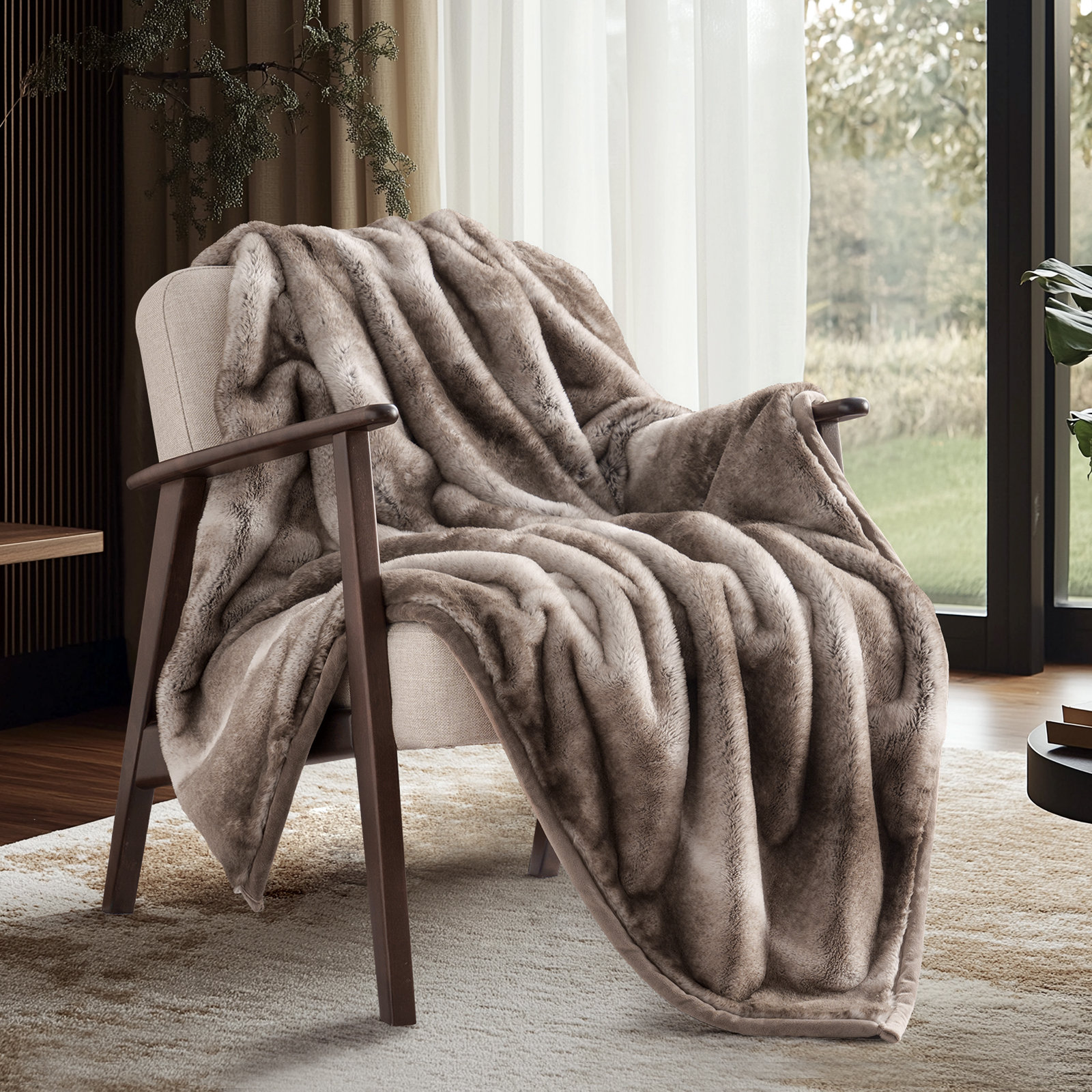 Mink Faux Fur Throw Blanket, 60" W x 80" L, Ombré Hazel Brown
