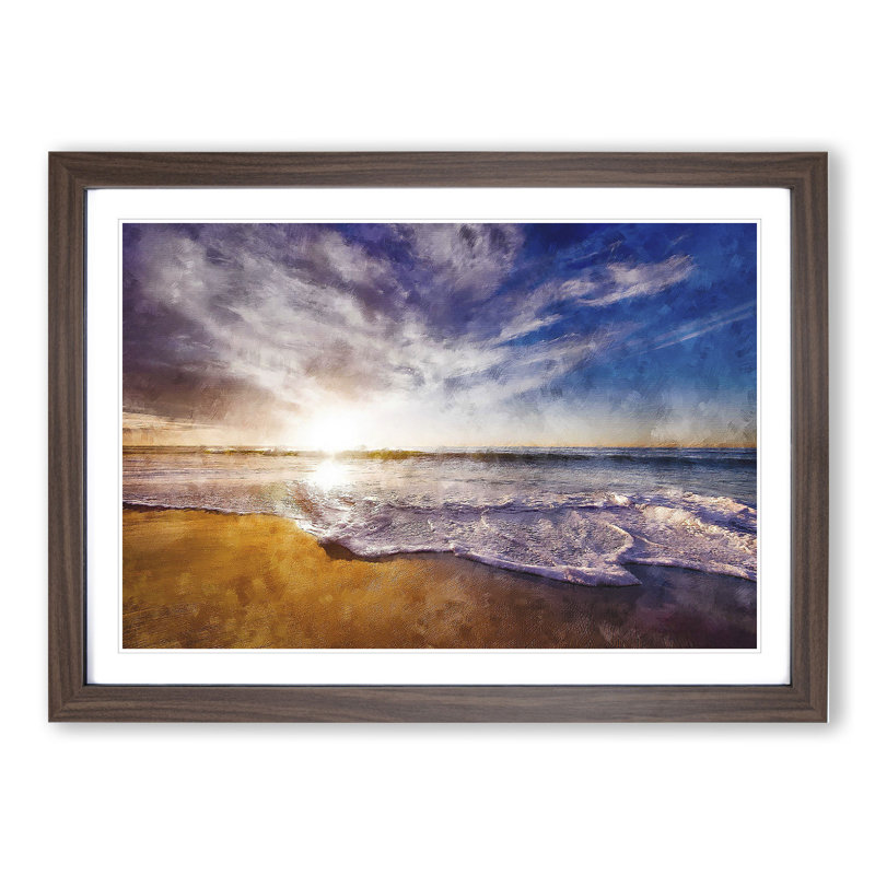 Sunset over a Californian Beach - Picture Frame Painting, 36cm H x 48cm W x 2cm D, Walnut Framed
