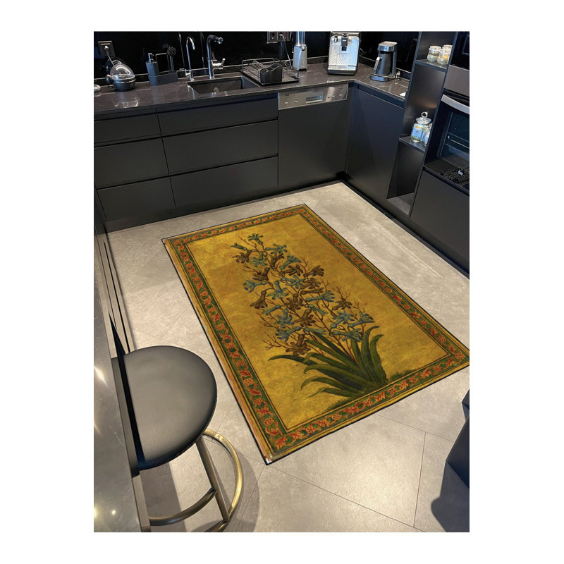 Tapis tissé à motif floral jaune, Sous-tapis carré 3 pi 3 po inclus